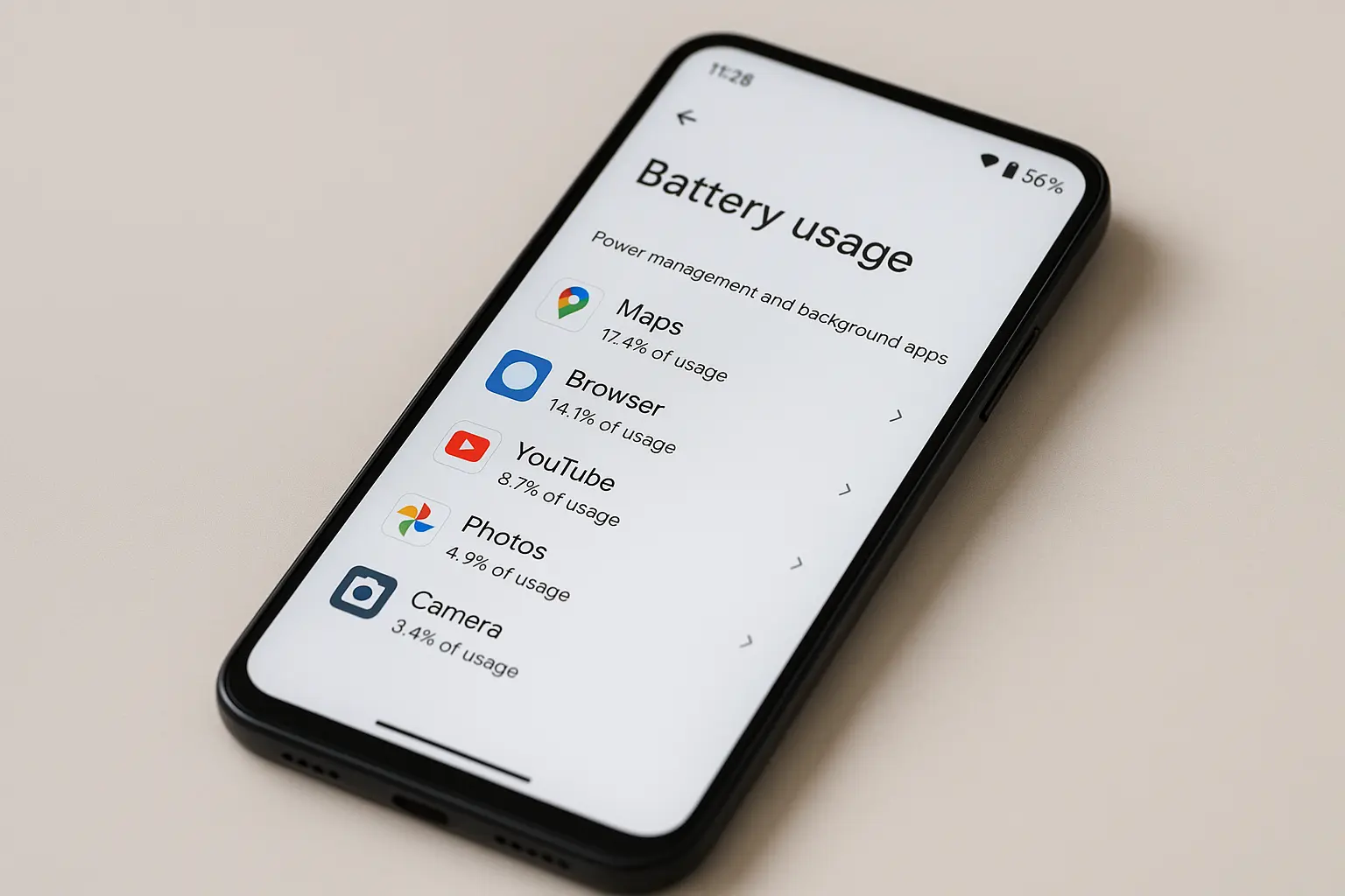 Экран настроек батареи и энергопотребления смартфона